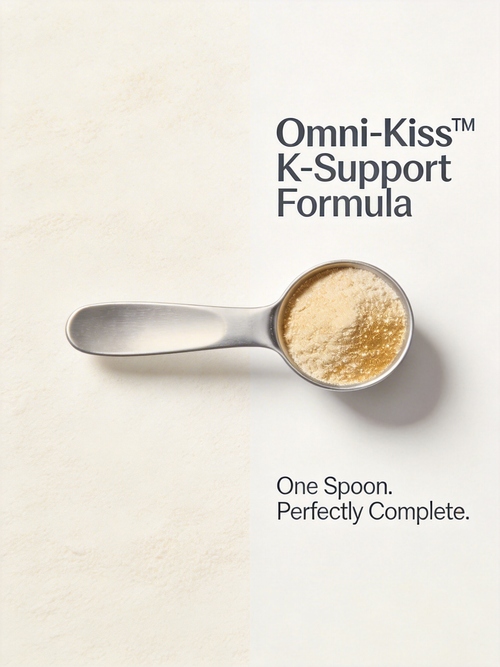 omnikiss , a spoon with omnikiss powder, Dog Kidney Failure Fresh Food Supplement Born from the Fuzzywuzzycare Miracle Program clinical reversal data